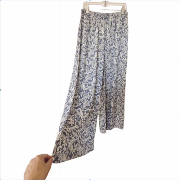 NWT Mittoshop Wide Leg Pants Elastic Waist Paisley Blue and Cream Size Large - Picture 1 of 7